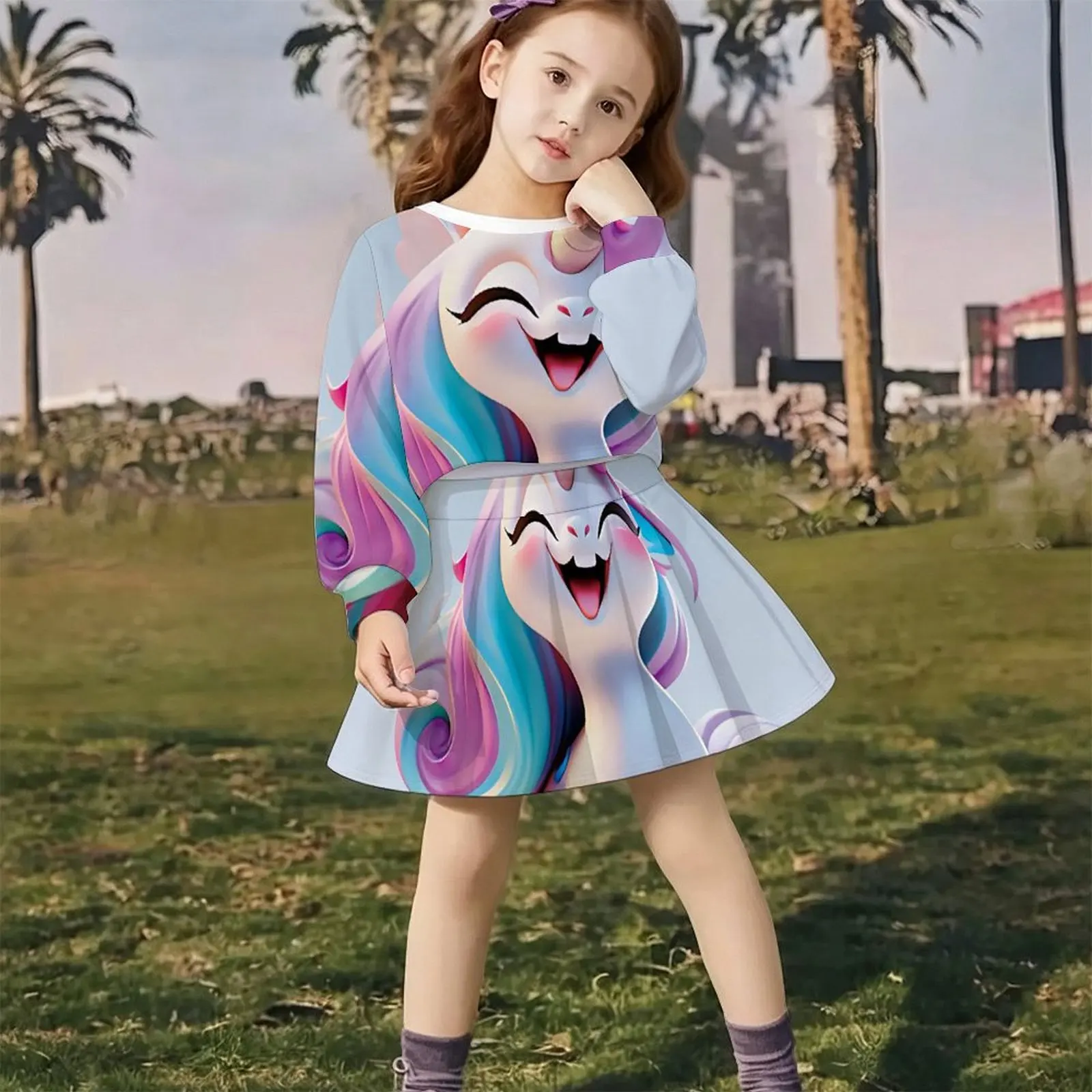 Lovely Kawaii Fairy Style Girls Outfit Long Sleeve Print Top A-line Skirt  Soft Breathable  For Wedding Flower Girl Party
