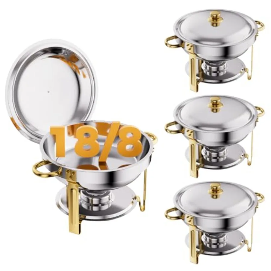 

4 Pack Chafing Dishes for Buffet, 18/8 304 Stainless Steel Food Pan with Lid, 6QT Round Chafing Dish Buffet Set Food Warmer, Fo