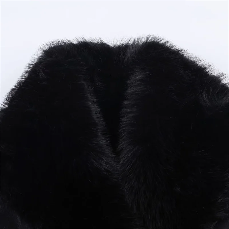 سترة نسائية 2025 خريف نمط جديد أسود طويل الأكمام فو الفراء عكسها معطف طويل أنيق وعصري #4