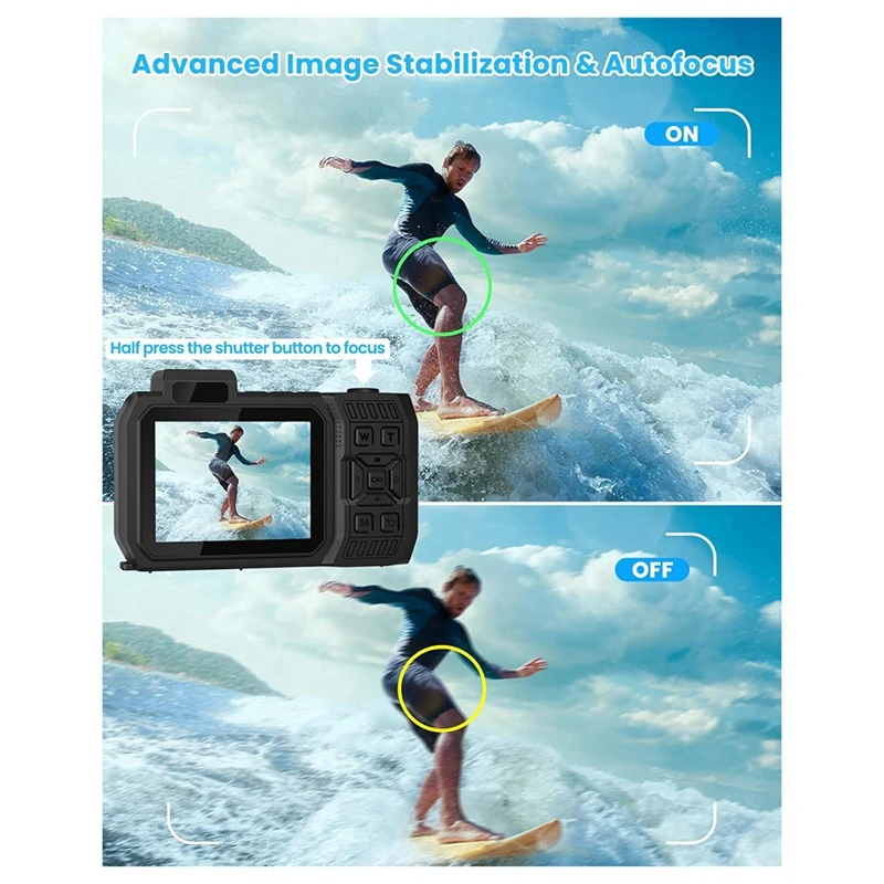 FFYY-Waterproof Camera 4K 65MP Underwater Camera With 64G Card, For Snorkeling Autofocus Selfie Dual-Screen