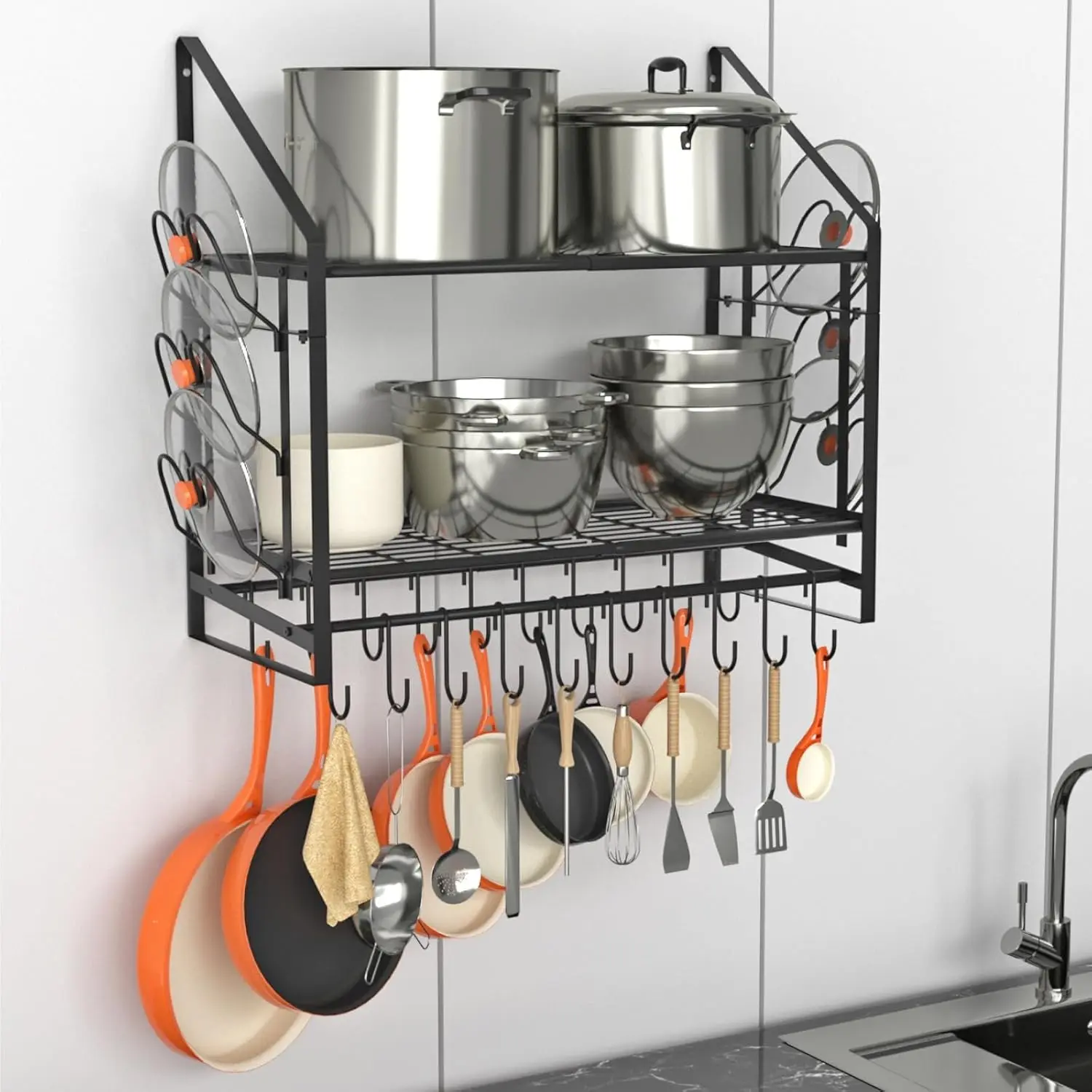 

35 Inch Pot Rack Wall Mounted, 2 Tier Pots and Pans Organizer with 20 Hooks and 6 Pot Lid Holders,