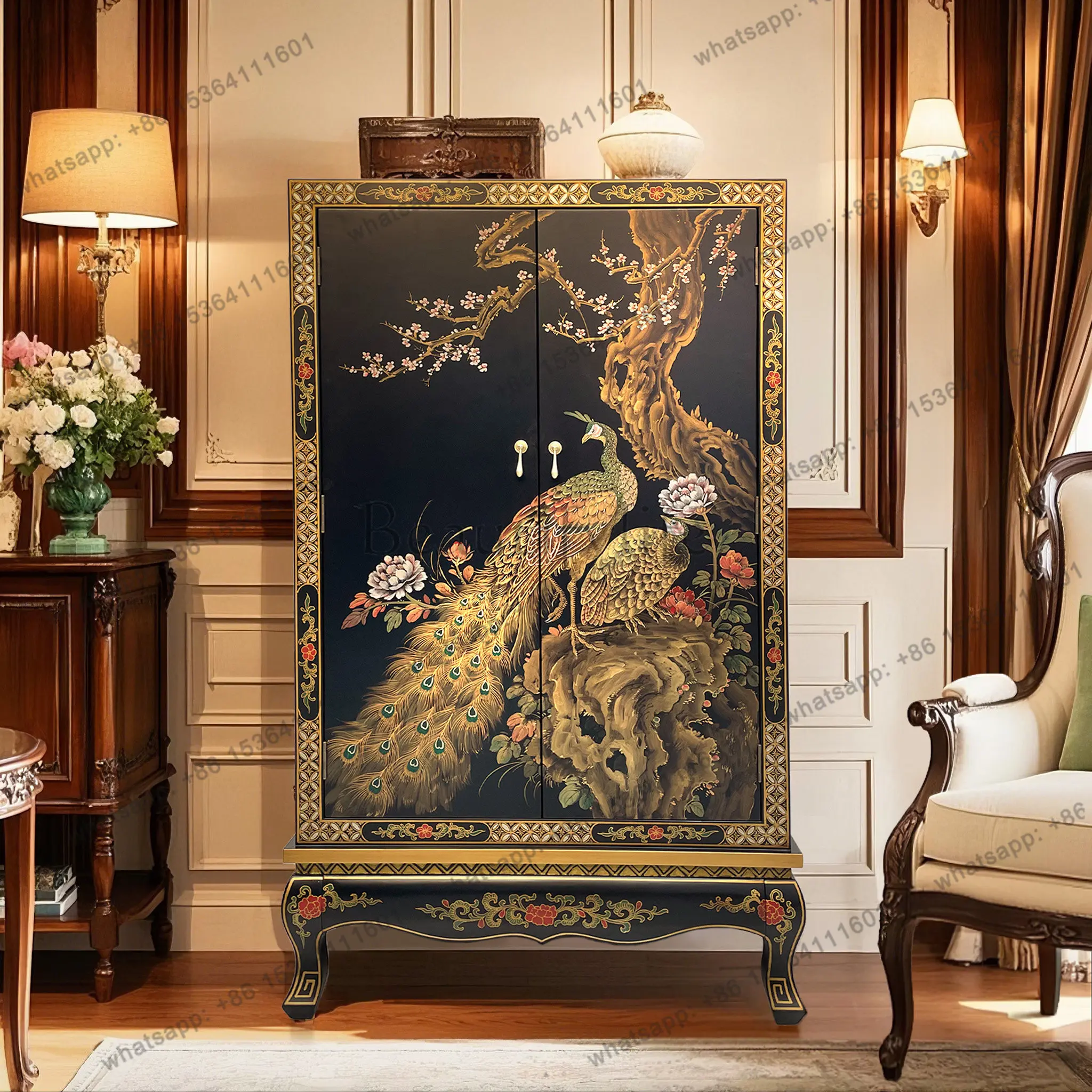 

TS49 Chinese classical hand-painted peacock living room partition entrance entrance cabinet 91 * 42 * 149cm