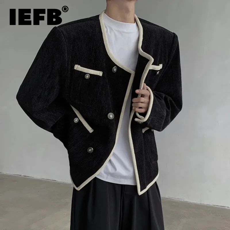 IEFB Korean Style Men\'s Jacket Casual Round Collar Shoulder Pads Patchwork Contrast Color Double Breasted Loose Male Coat 9C8194