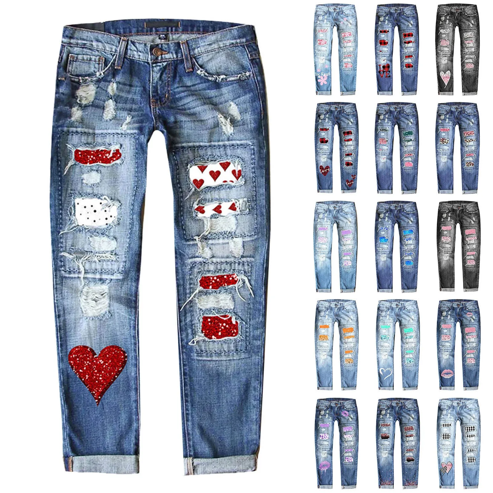 San valentino donna autunno e inverno Jeans di san valentino pantaloni addensati con foro stampato regalo per gli amanti vestiti di coppia