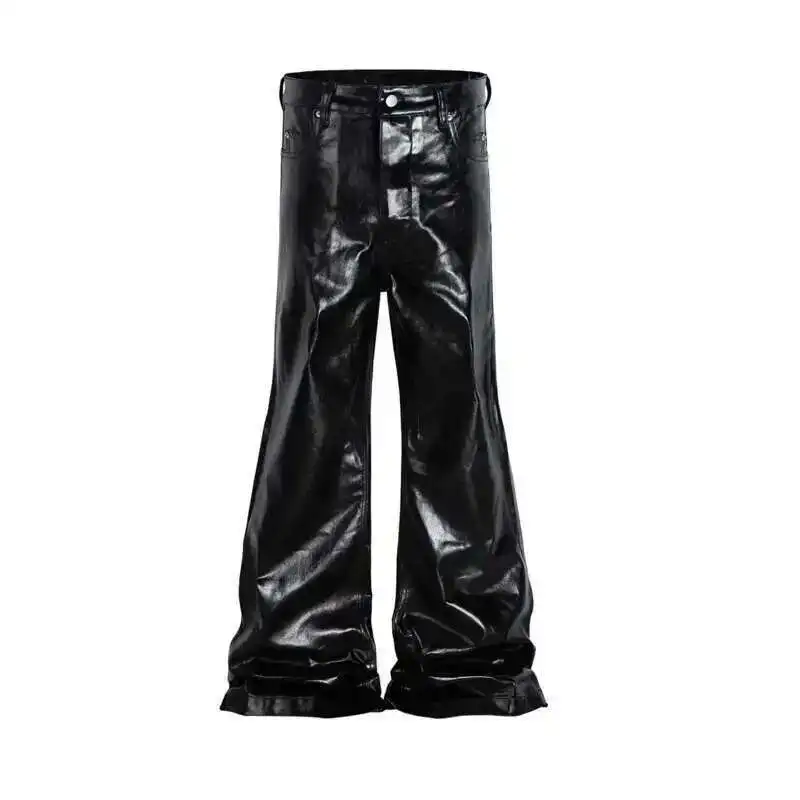 HKSH メンズ ハイストリート デニムパンツ ヴィンテージ ダーク Y2K バギー ワイドレッグ トレンド コーティング グロッシー ラッカーレザー マイクロフレア ジーンズ HK1421