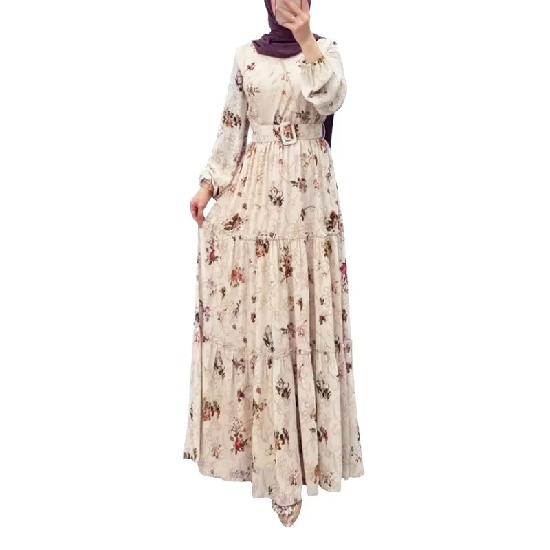 Casual Floral High Neck Long Dress for Women Islam Muslim Dress Women Belt Dubai Abayas African Robe Musulmane Femme Vestidos