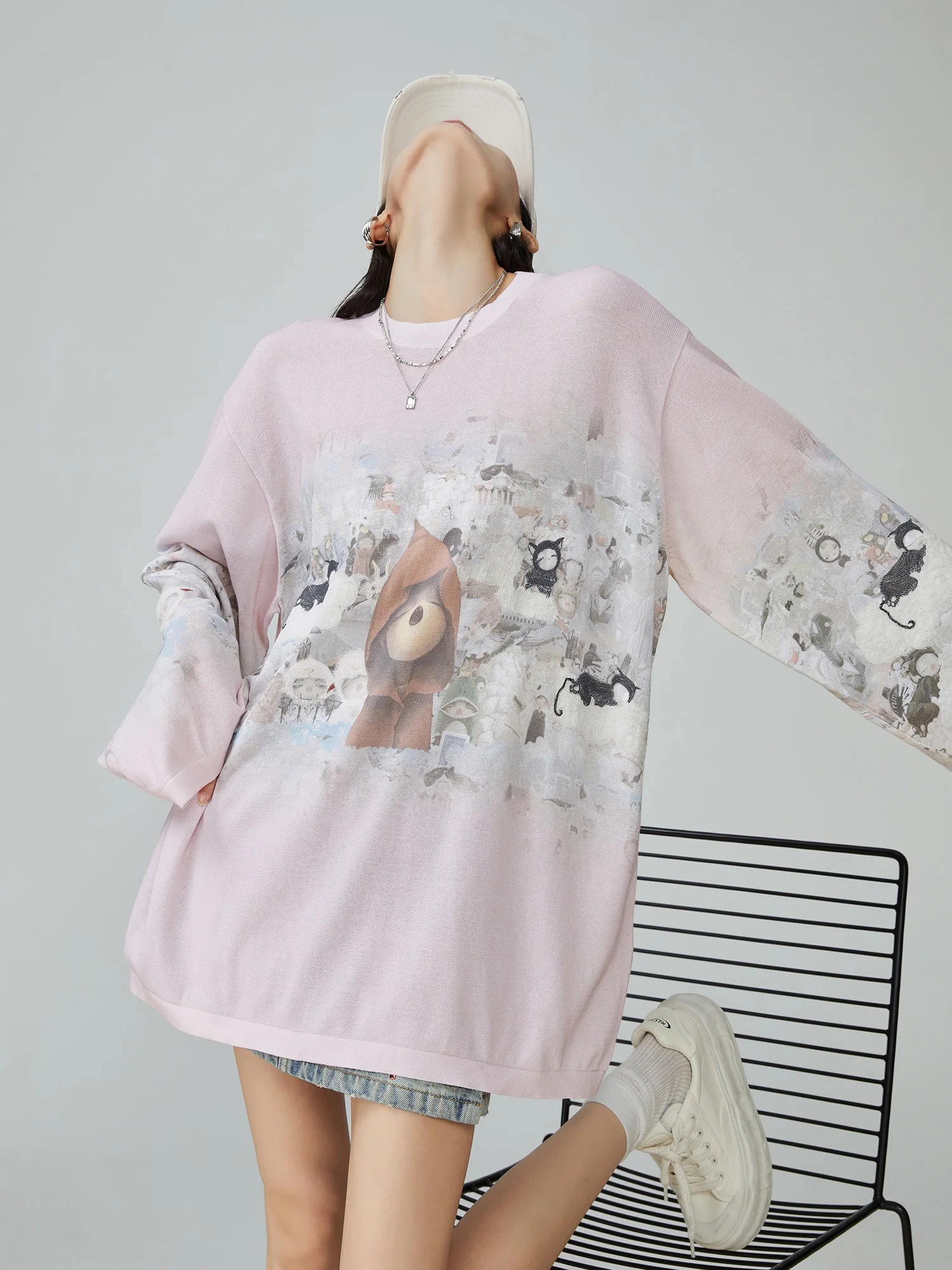 

Retro American Pink Print Knitwear Women's Thin New Design Loose Top Polyester Fiber Long Sve round Ne Spring Faion