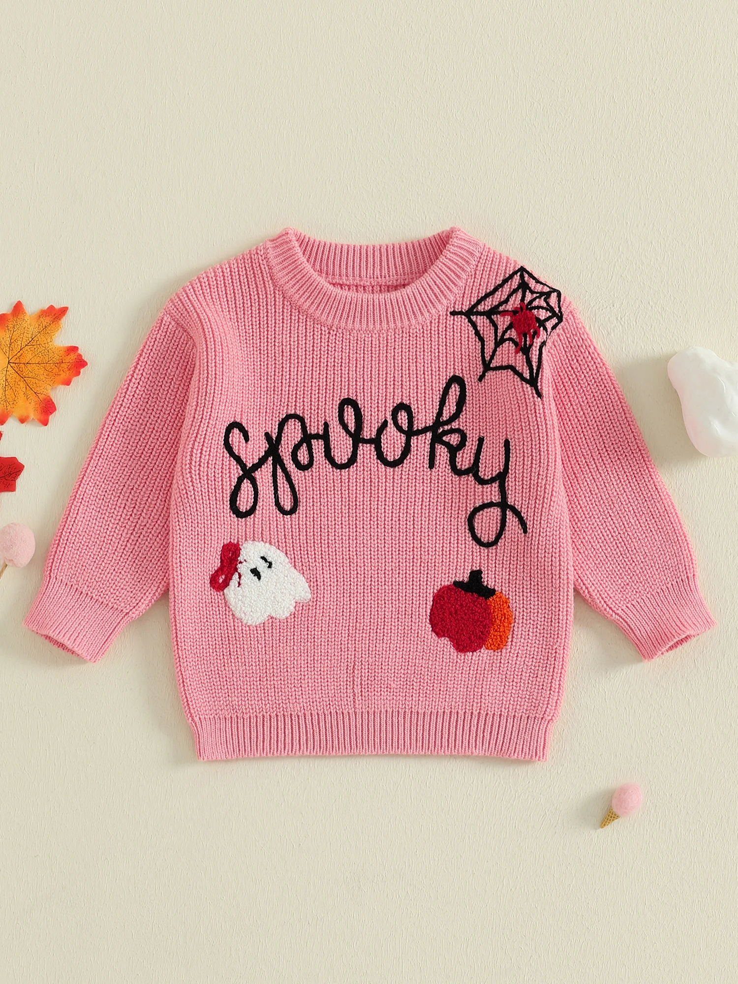 

Женский вязаный свитер на Хэллоуин с длинными рукавами и круглым вырезом с вышитыми призраками, тыквой и паутинами