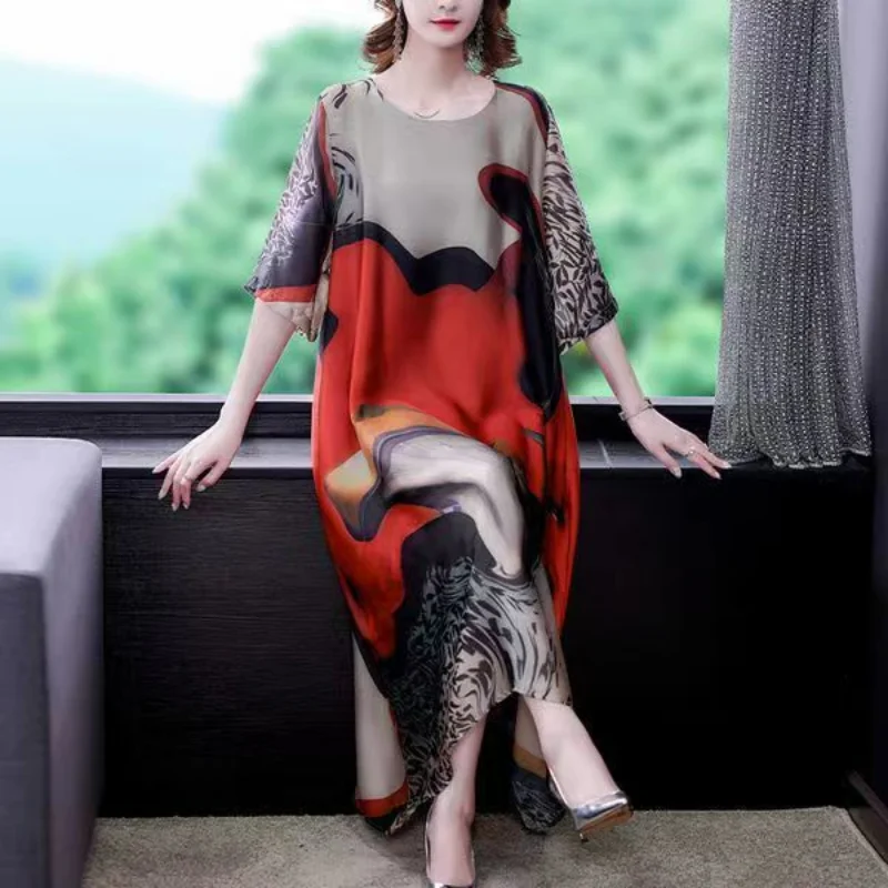 Vintage Women Oversized Satin Long Dress Spring Summer New Half Sleeve Pullover Dresses Female Print Loose Fashion Casual Robe