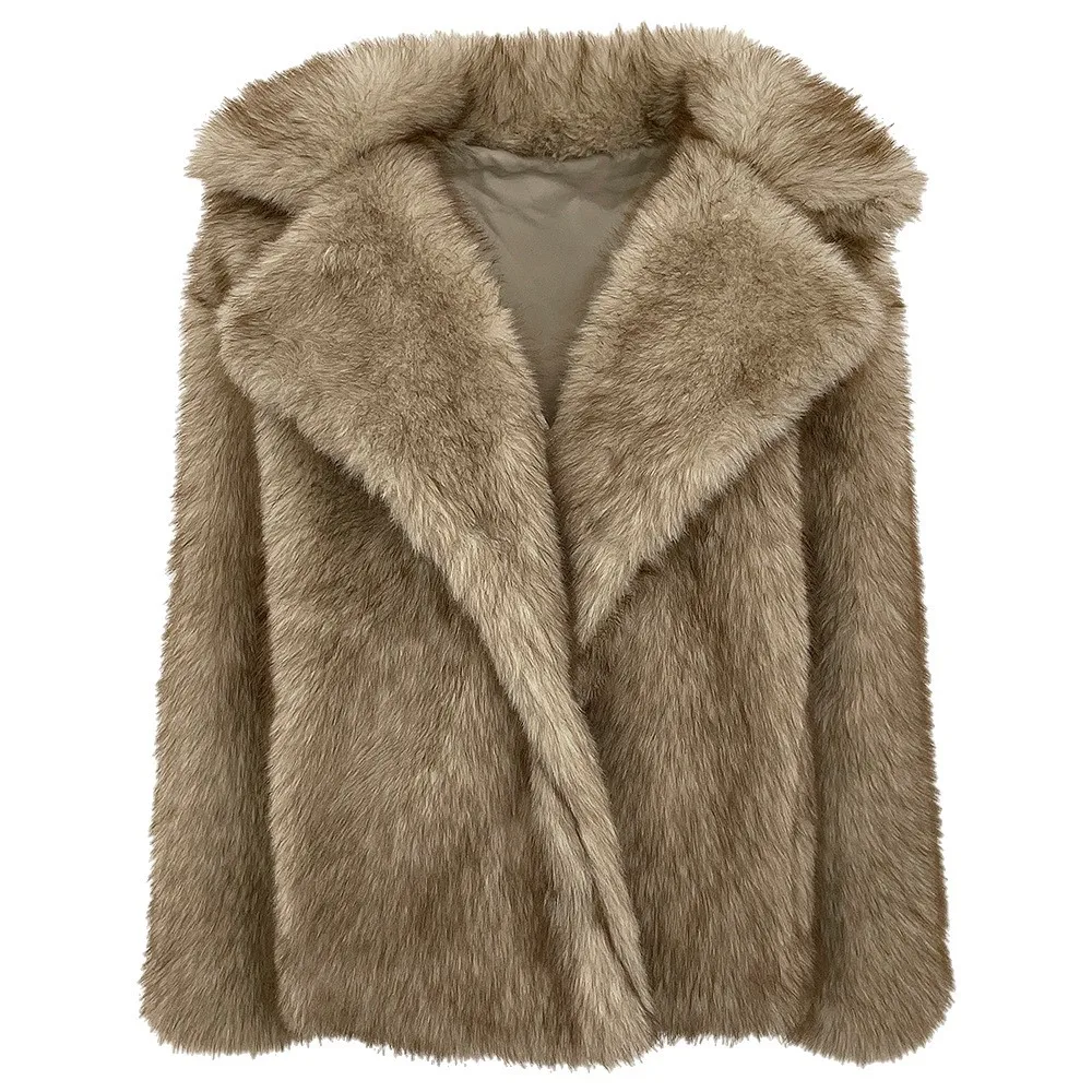 여성용 인조 모피 재킷 모피 코트 버튼 라펠 재킷 긴 소매 두꺼운 따뜻한 모피 오픈 스티치 와이드 웨이스트 루즈 캐주얼 2025 가을