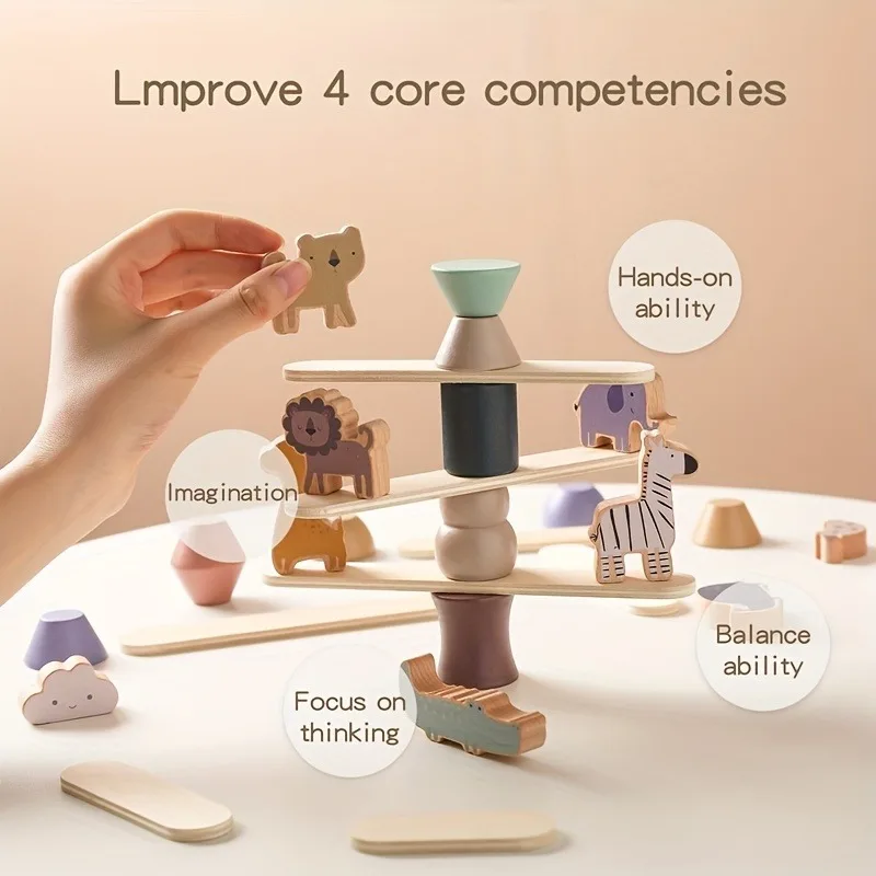 Wooden Stacking Toys for Toddlers Animals Stacking Blocks Balance Game Preschool Montessori Educational Toys for Kids Boys Girls
