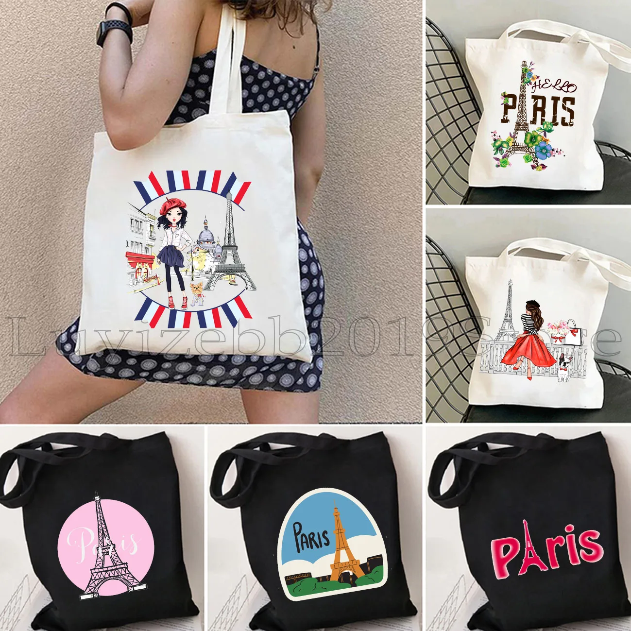 Vintage Eiffel Tower Paris France Girl Drawing Cute Love Heart Women Canvas Shoulder Tote Bag Harajuku Shopper Reusable Handbag