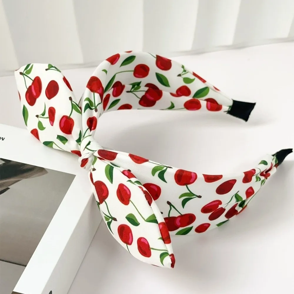 Multicolor Cherry Printed Headband Sweet Knotted Wide Edge Hair Hoop Fruit Pattern Polyester Rabbit Ear Hairband Parties