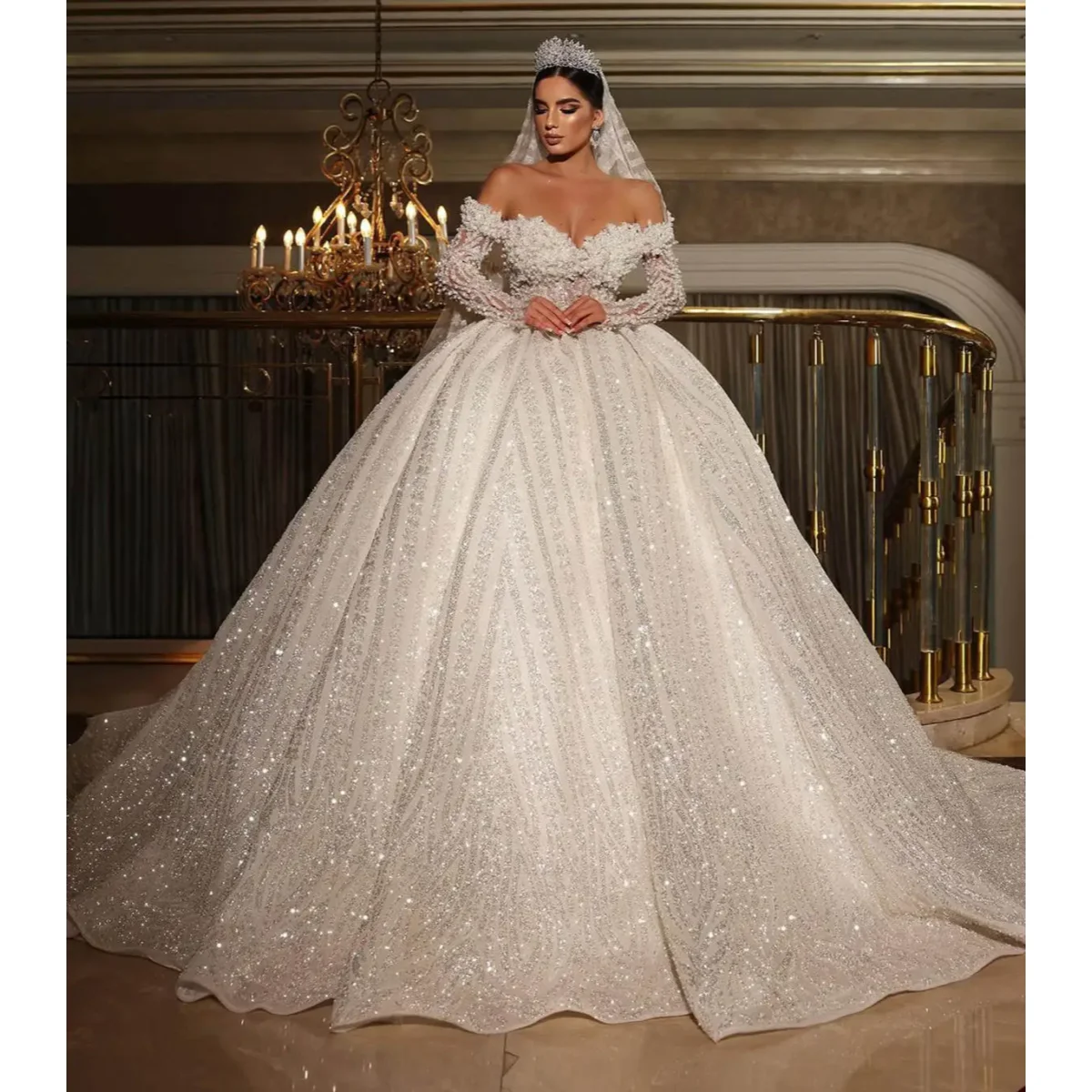 Customized Luxury Sweetheart Sparkling Bridal Ball Dress Arab Off Shoulder Long Sleeve Pearl Glitter A-line Wedding Dress