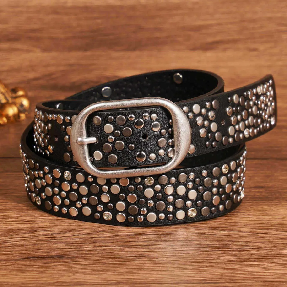 Punk PU Waist Belts for Women Full Rivet Studded Waistbands Jeans Strap Street Rock Brown Silver PU Centure Homme Marque De Luxe