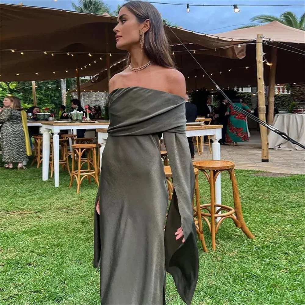 

Zach Ailsa, новинка весны 2024, женское винтажное однотонное платье средней длины с длинным рукавом, воротником-стойкой и открытыми плечами