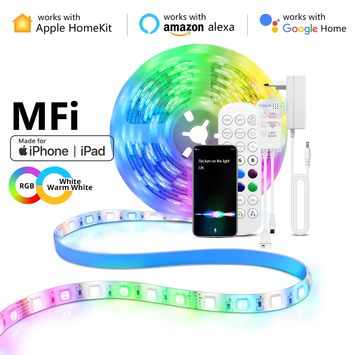 

Homekit 5M RGB+CCT LED Strip Light Siri App Control Sound Sensor RGBCW WiFi Controller For Apple Home Kit Alexa Echo Google Home