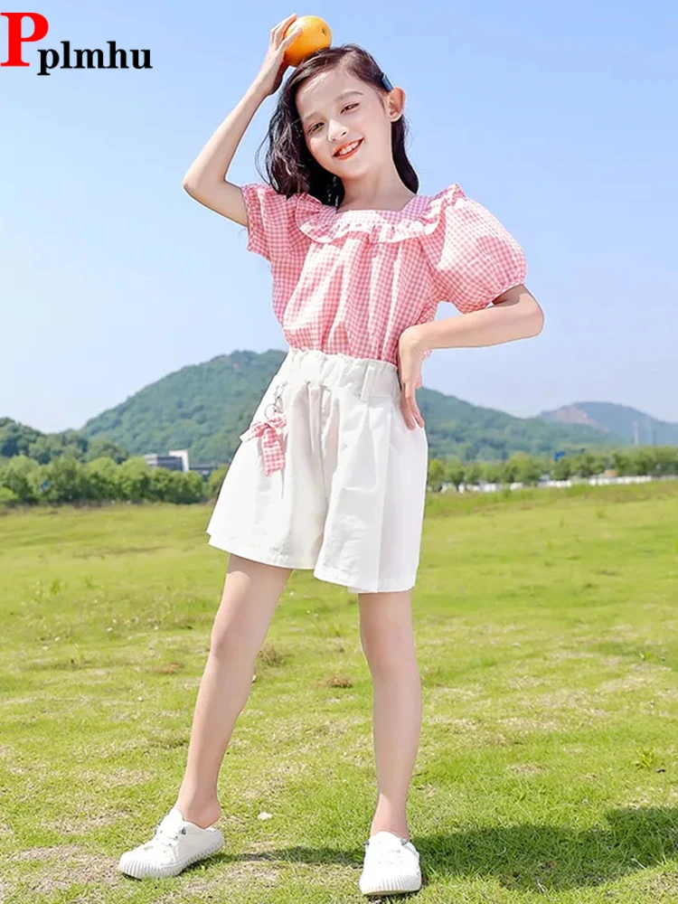 Korean Kids Summer 2 Piece Sets Sweet Plaid Shirts Tops And White Casual Shorts Pants Ensemble Children's Loose Short Conjuntos