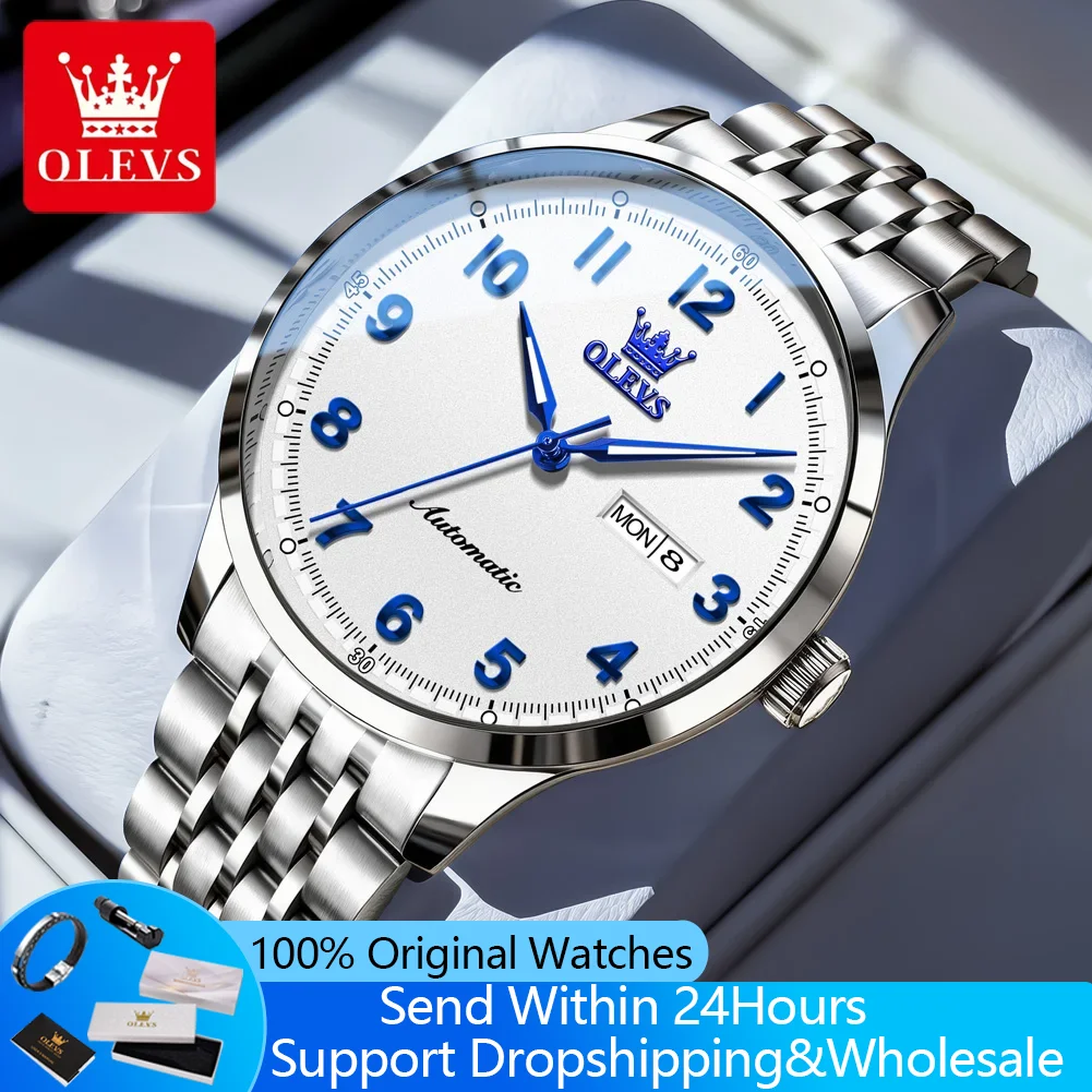

Механические часы OLEVS 7100 для мужчин, из нержавеющей стали, с цифровой шкалой, простые классические, с двойным календарем, автоматические, деловые, мужские часы
