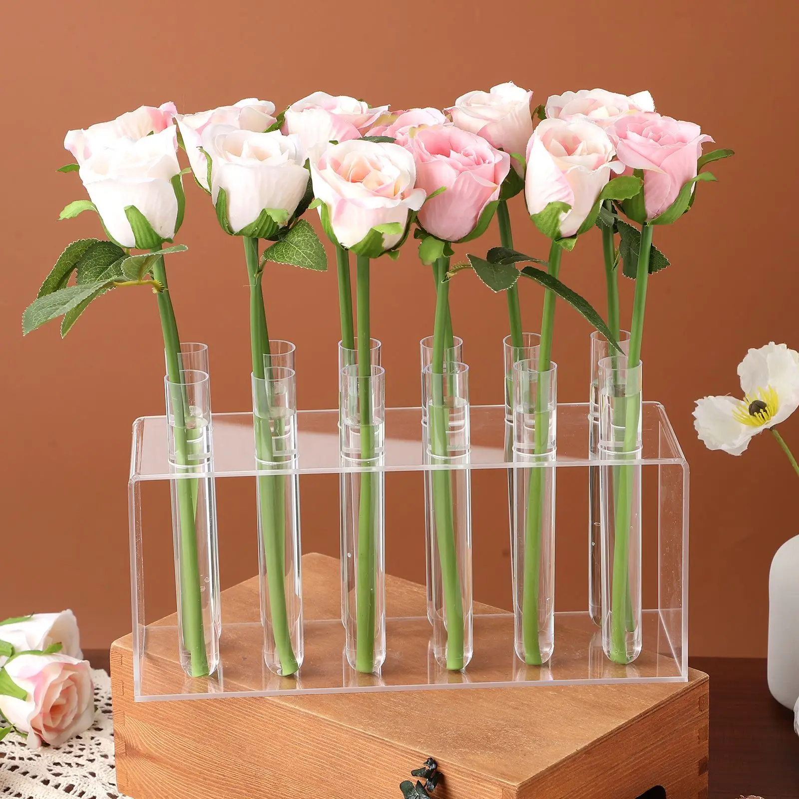 12 Pcs Acrylic Flower Vase Kit 26CMx8CMx10CM Transparent Elegant Floral Tubes With Rack Stable Support Multi Functional