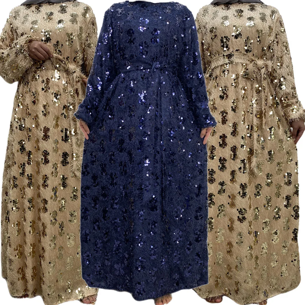 Ramadan Fashion Women Sequins Modest Dress Large Size Muslim Hijab Dress Long Sleeve Saudi Arabia Abayas For Femme Robe Longue