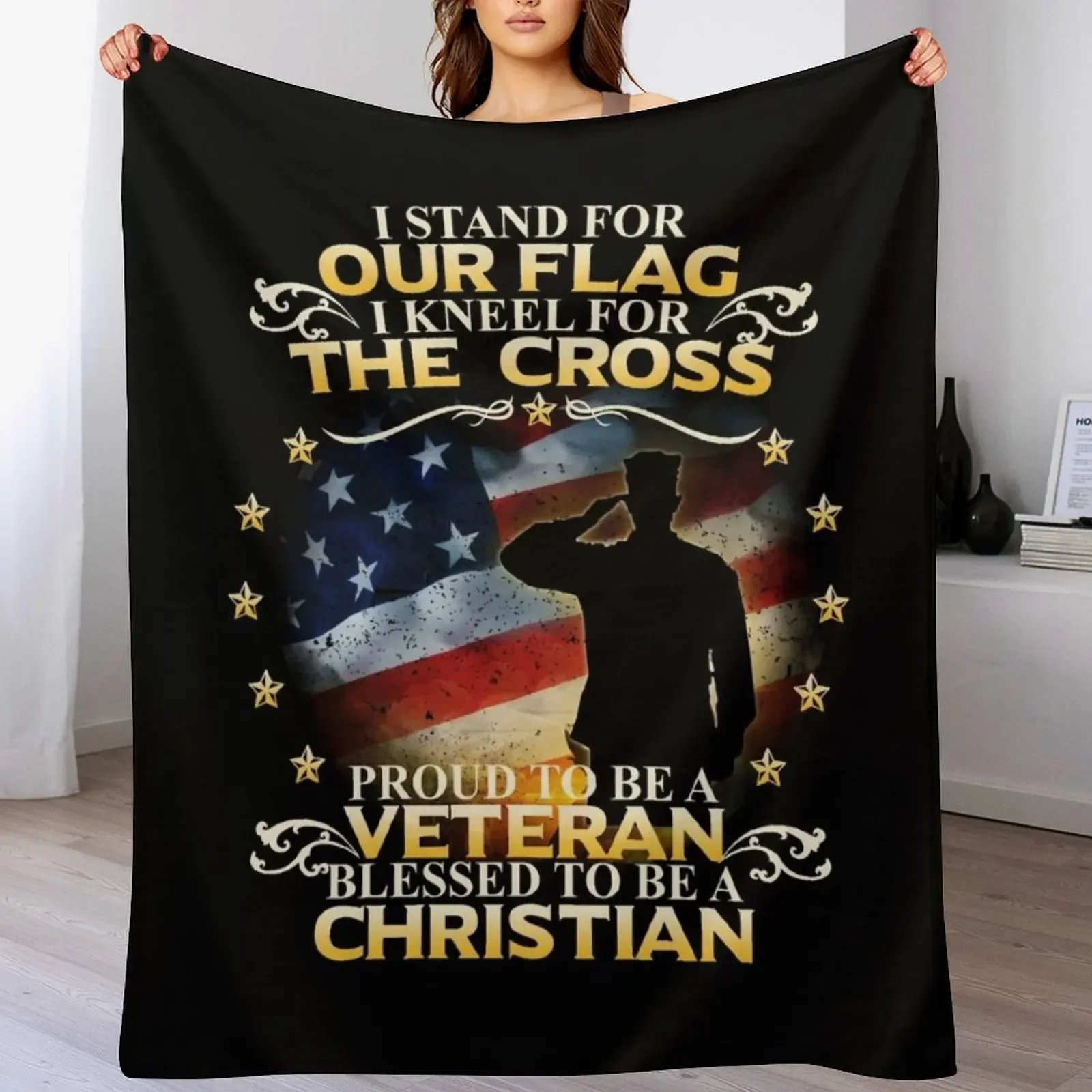 

I Stand For Our Flag I Kneel For The Cross Christian Veteran Throw Blanket warm winter Loose For Decorative Sofa Blankets