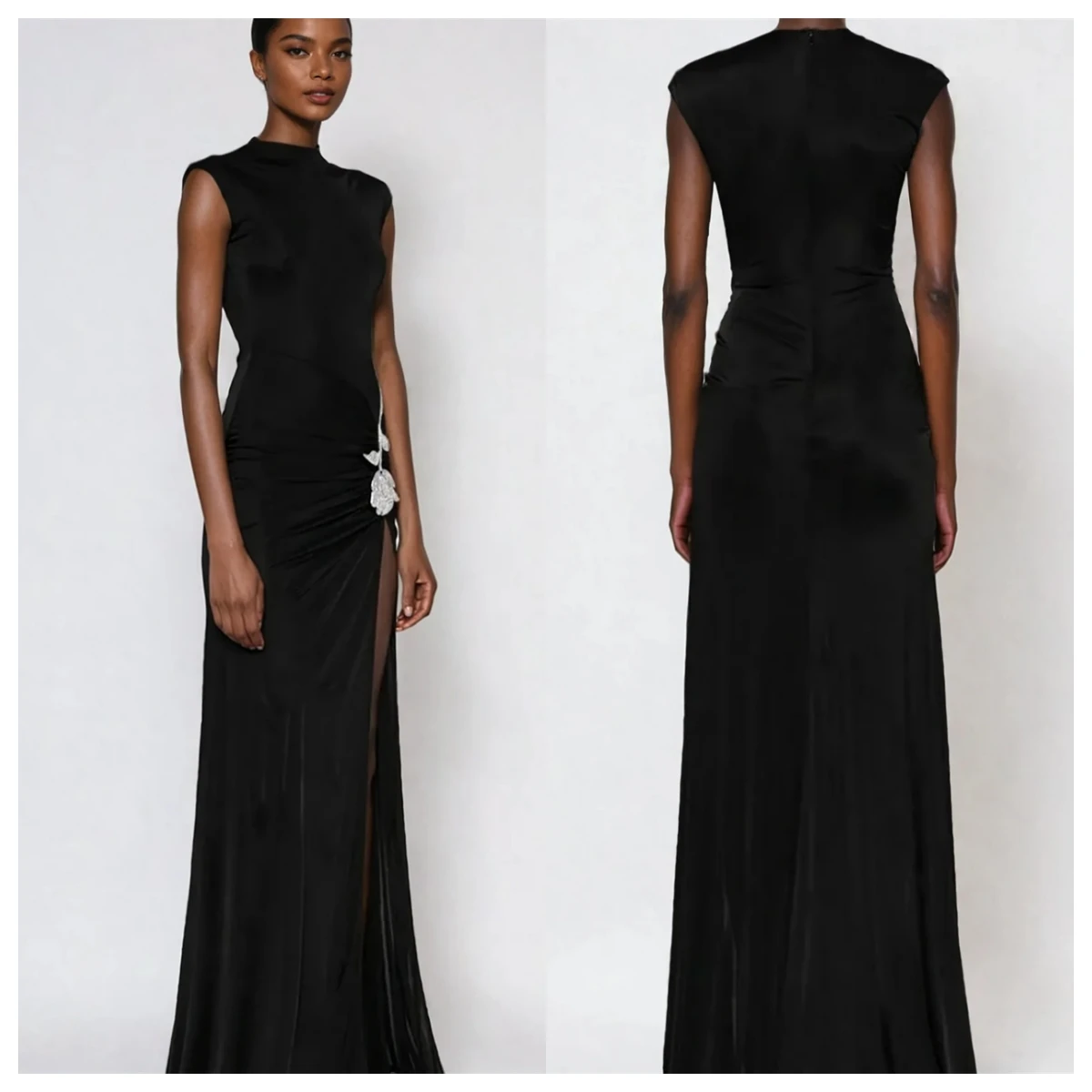 

Customized Exquisite Black Satin Evening Dress O-Neck Half Sleeves Special Occasion Gowns Homecoming Dress Appliques Zipper Back