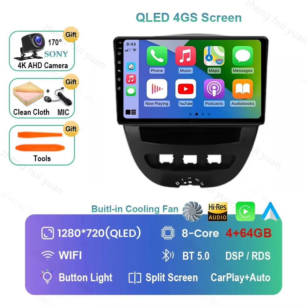 Voor Peugeot 107 Toyota Aygo Citroen C1 2005-2014 Android 16 Carplay & Auto Autoradio Navigatie Multimedia Stereo Speler BT QLED