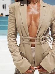 Sibybo – Blazer en Cuir à lacets pour femmes, à revers, Sexy, poches découpées, manches longues, haut de bureau, mode décontractée, noir, été