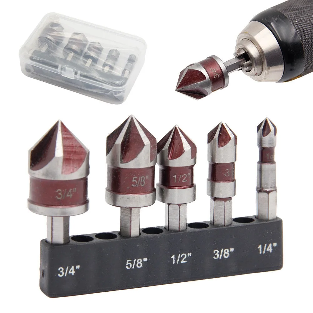 

M35 Cobalt 5pcs Countersink Drill Bit Set Metal Woodworking 1/4” 3/8” 1/2” 5/8 With Holder Hex Shank 82° Countersunk Bits