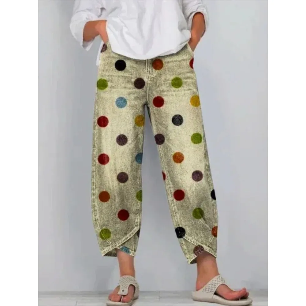 Damen Baumwoll-Caprihose, locker geschnitten, lässig, Boho-Stil, weites Bein, knöchellang, Vintage, elastischer Bund, Sommer, Strandurlaub, Alltagskleidung – Detail 5