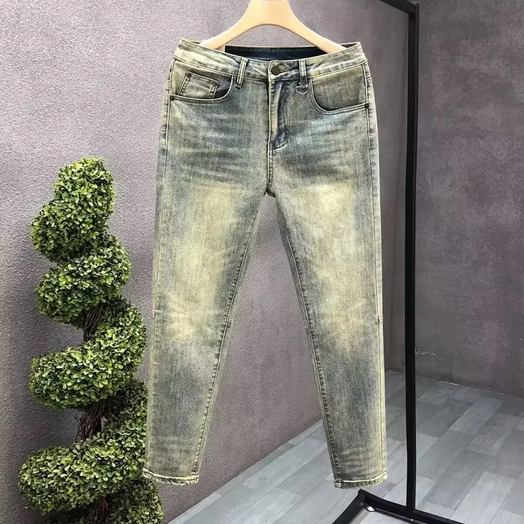 Simplewashing Distressed Men's Jeans Slim Fit Vintage Cropped Pants Light Tone Holes Small Footwear Trendy Summer Style