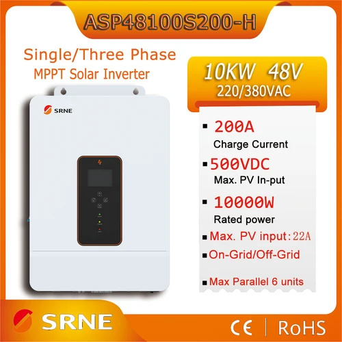 SRNE 10KW ハイブリッドソーラーインバーター 48V 230V オフグリッドインバーター デュアル入力 MPPT 200A 太陽電池充電器でバッテリーなしで動作