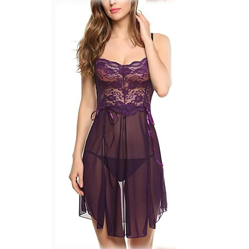 New Sexy Lace Pajamas Women's Nightdress with Thong Suit Mesh Floral Pajamas Sexy Sling Nightdress Sexy Lingerie