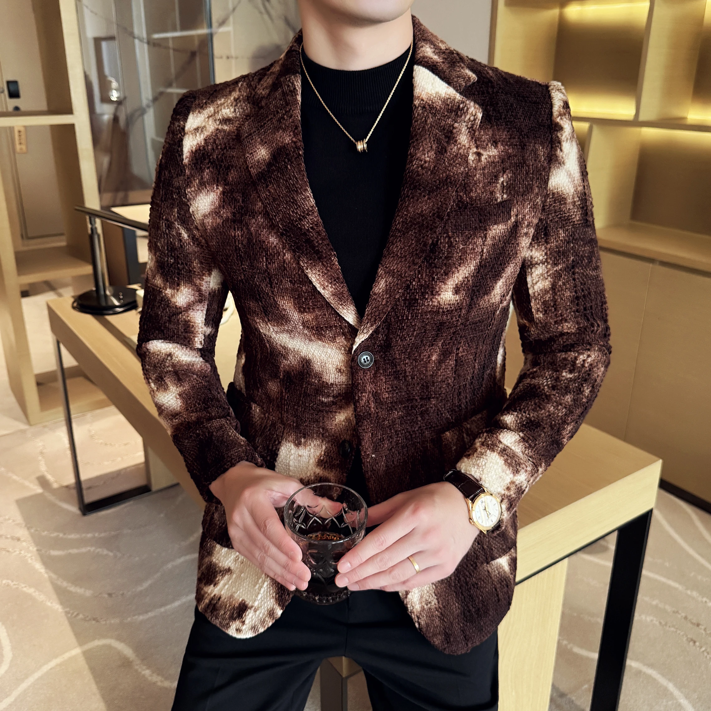 Hoge Kwaliteit Tie Dye Chenille Mannen Mode Casual Jasje Herfst Winter Nieuwe Koreaanse Slim Fit Sociale Trouwpak Blazer