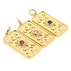 New Rectangle Medal Sun Moon Pendant Colorful CZ Gold Plated Metal Tarot Crads Charms For Women DIY Necklace Jewelry Making