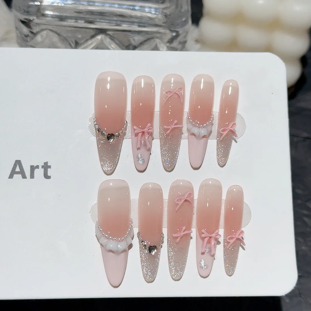 10 قطعة الصحافة الفرنسية اليدوية على الأظافر الحلو لطيف الوردي القوس اللؤلؤ تصميم وهمية مسمار نصائح يمكن ارتداؤها Ins الكورية التوابل الفتيات الأظافر كاذبة #4