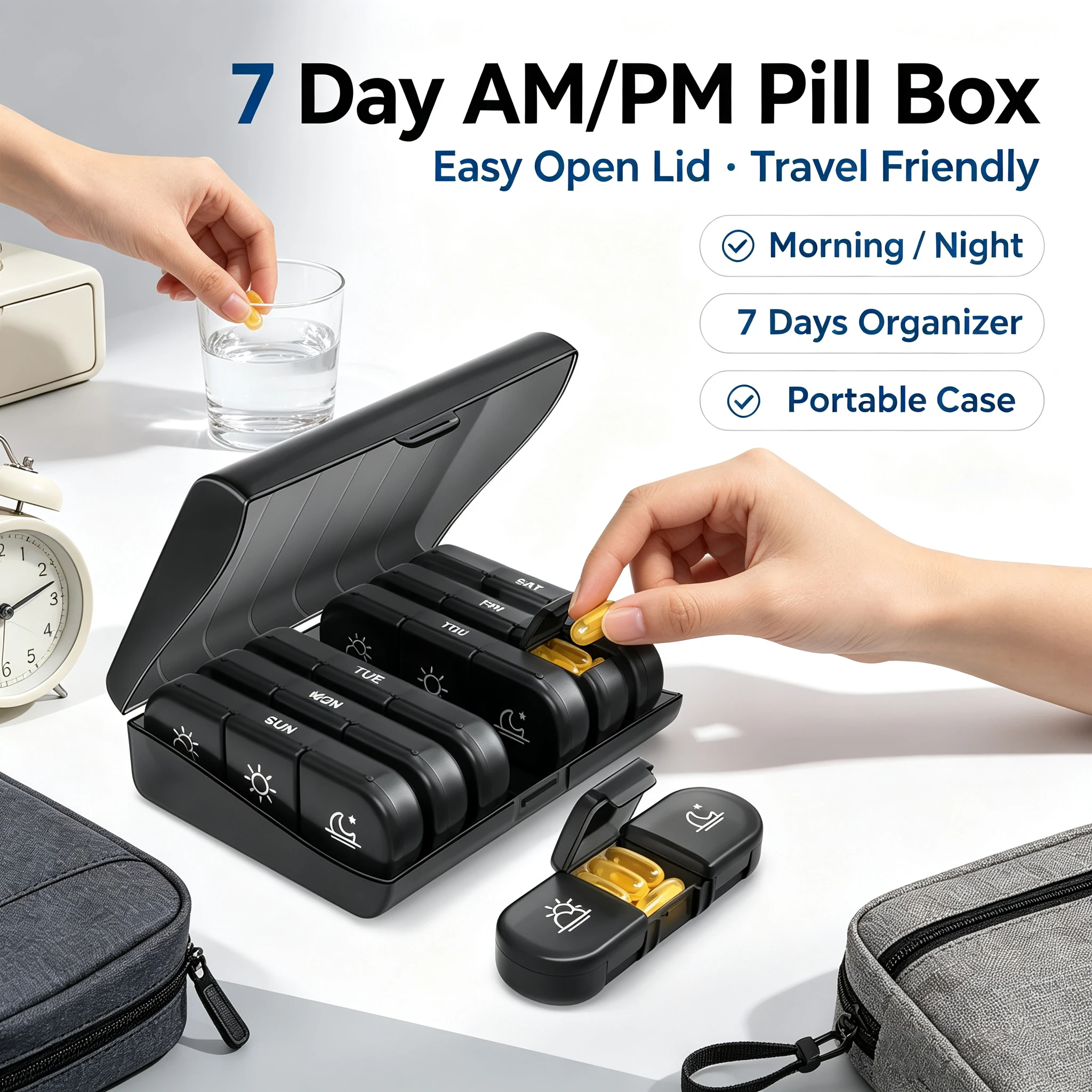 Pilulier portable hebdomadaire 7 jours, 3 prises par jour, coloré, empilable, grande capacité, distributeur de médicaments, organisateur de pilules de voyage