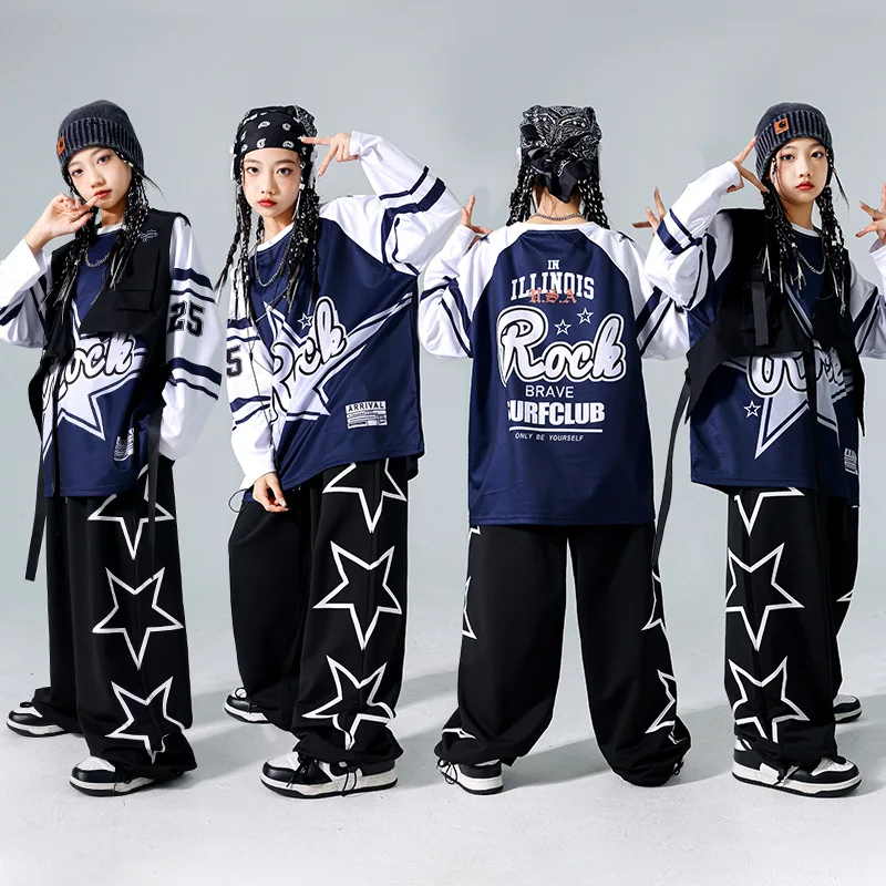 Girls Hip Hop Star Sweatshirt Vest Joggers Pants Boys Cool Streetwear Clothes Set Kids Children Jazz Street Dance K-pop Costumes
