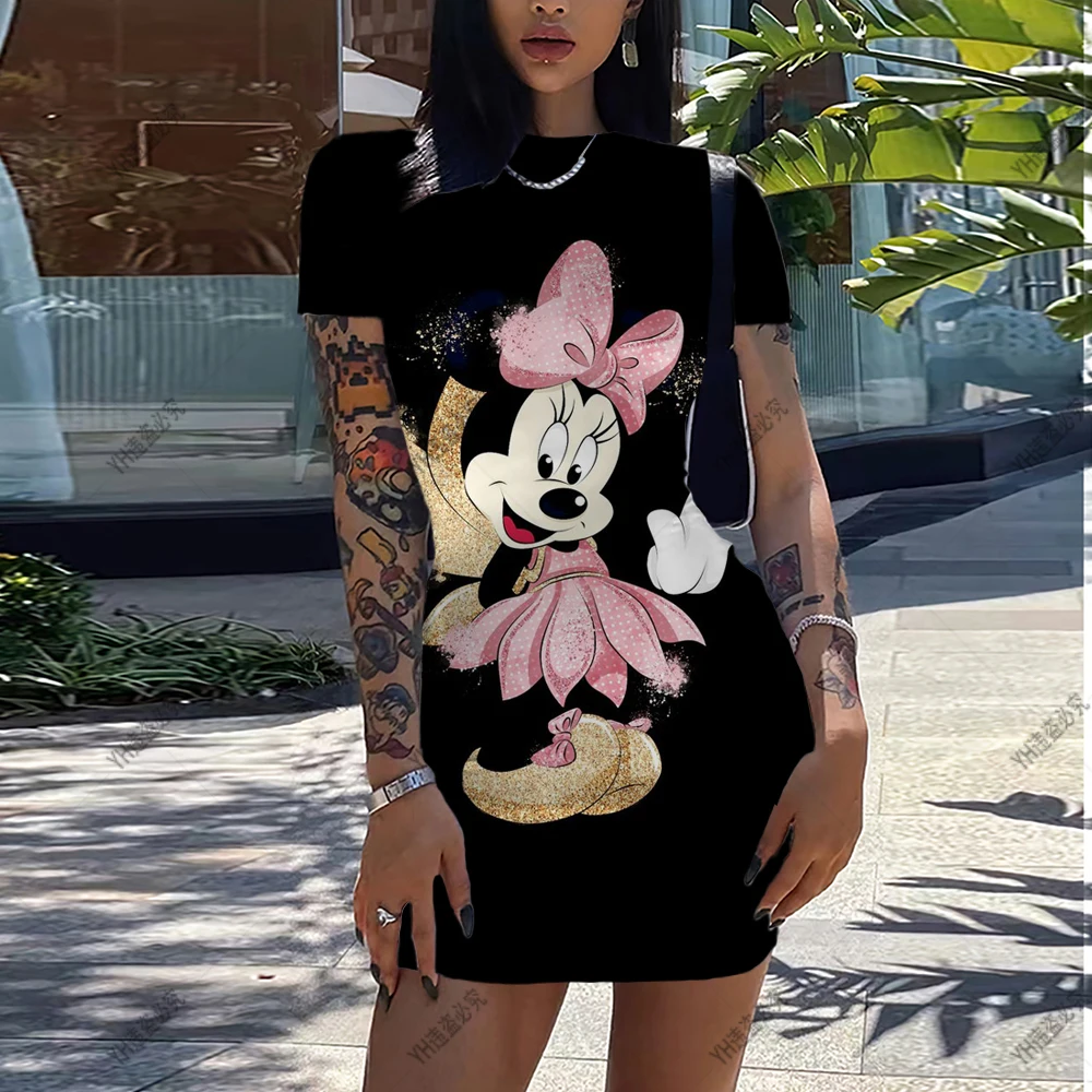 Disney-Vestidos de Mickey Mouse para mujer, minivestido elegante ajustado de oficina con cuello redondo, informal, estampado 3D de dibujos animados, Verano