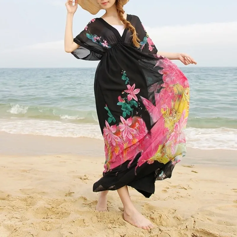 

Tinaa Contrast Color Print Long Dresses for Women 2025 Summer Plus Size Bat Sleeve V Neck Pleated Lace Up Elegant Midi Dress 915