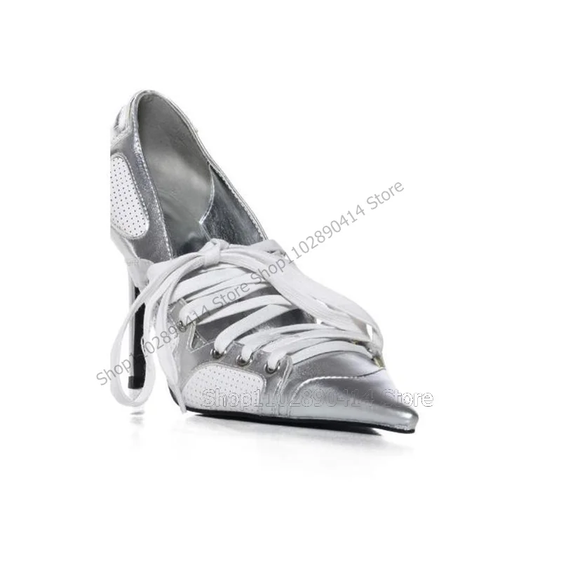 Silver Cross Tied Giltter Patchwork Pointed Toe Pumps Lace Up Women Shoes Thin High Heels Fashion Party 2023 Zapatos Para Mujere