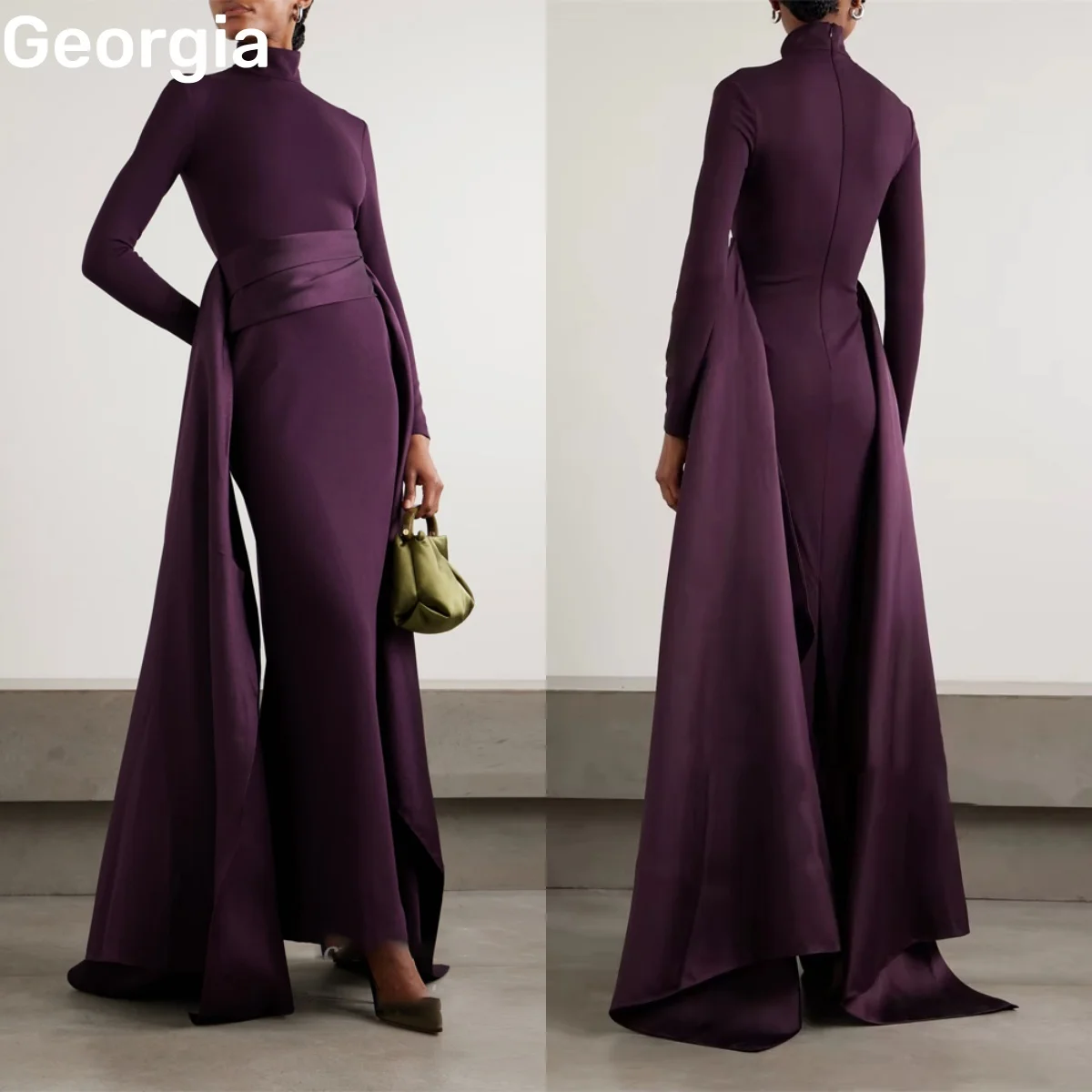 

Elegant Customize Luxury Evening Dresses Column Scoop Neckline Floor-Length Dresses For Prom Ruffle Zipper Up Long Sleeves Weddi