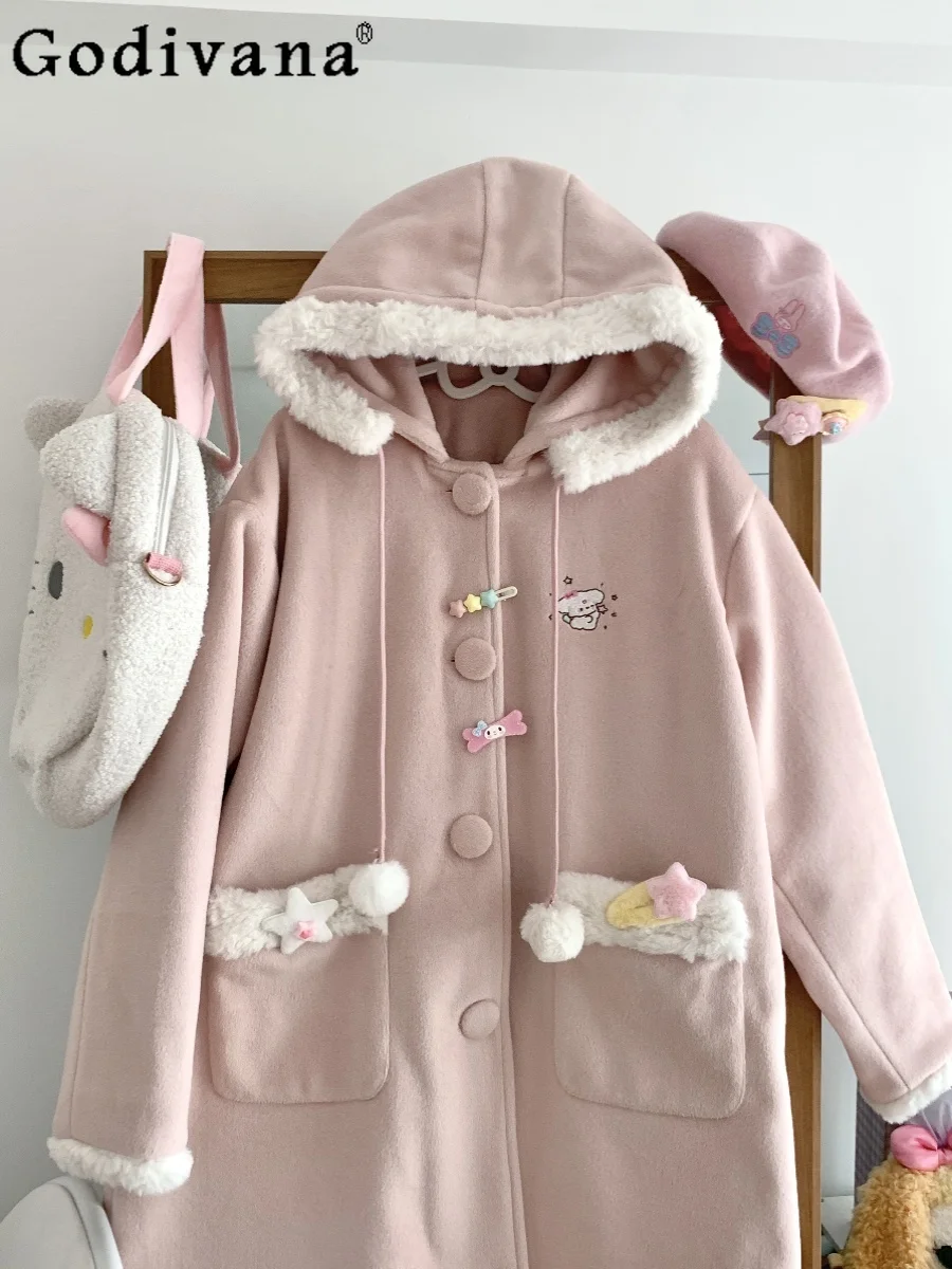 

Women's Pink Long Woolen Coat Autumn and Winter 2024 New Japanese Style College Overcoat Student Kawaii Hooded Woolen Jackets