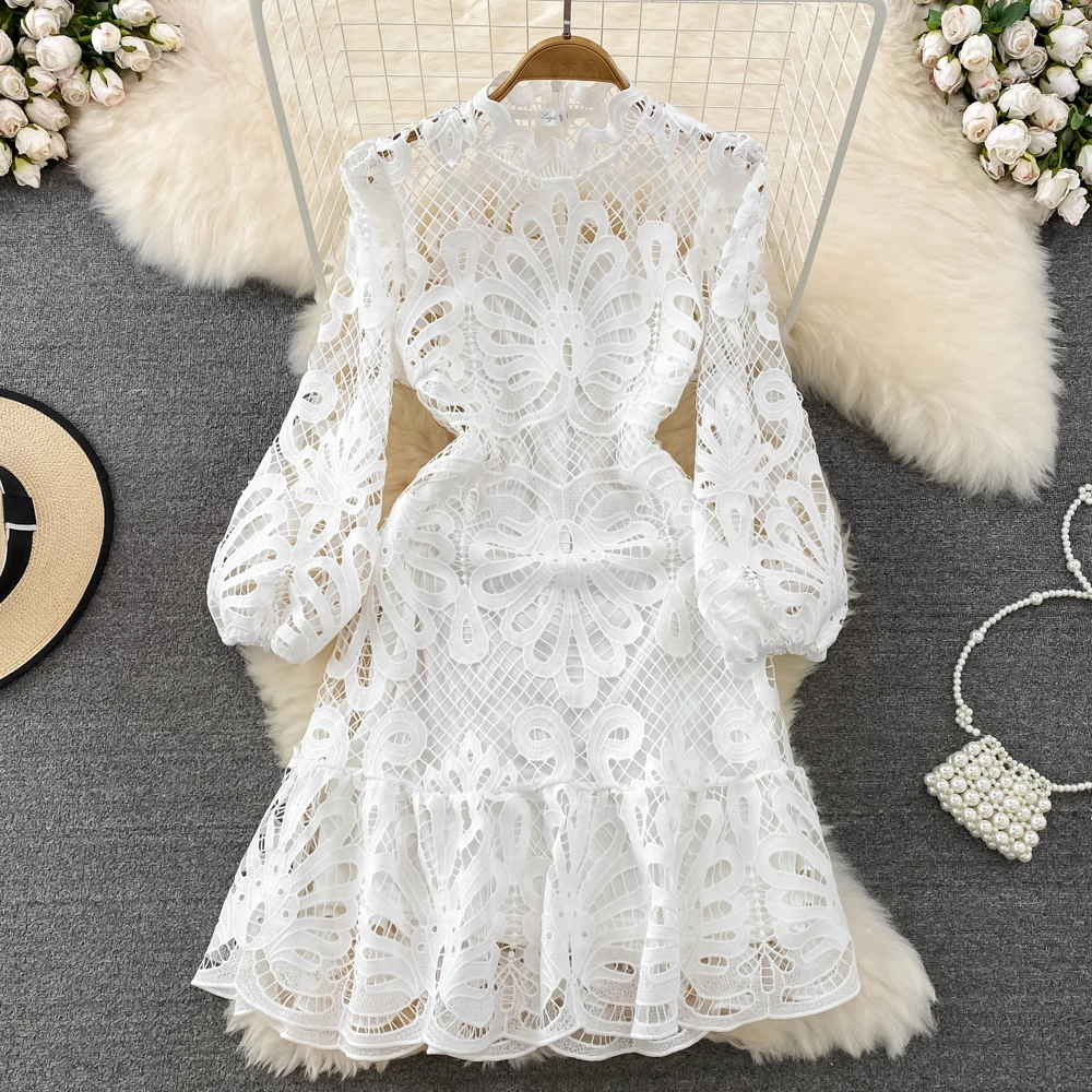 Runway Two Piece Dress Suits Women Sexy Hollow Out Lace Blouses Long Sleeve + Maxi Long Skirts Sets Summer Autumn Outfits