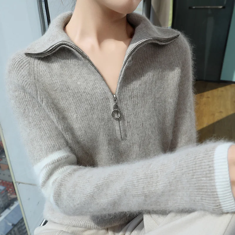 Свитер с воротником-поло, 100% норковый кашемир, осенне-зимний пуловер, женский базовый элегантный теплый костюм на молнии с длинными рукавами, топы