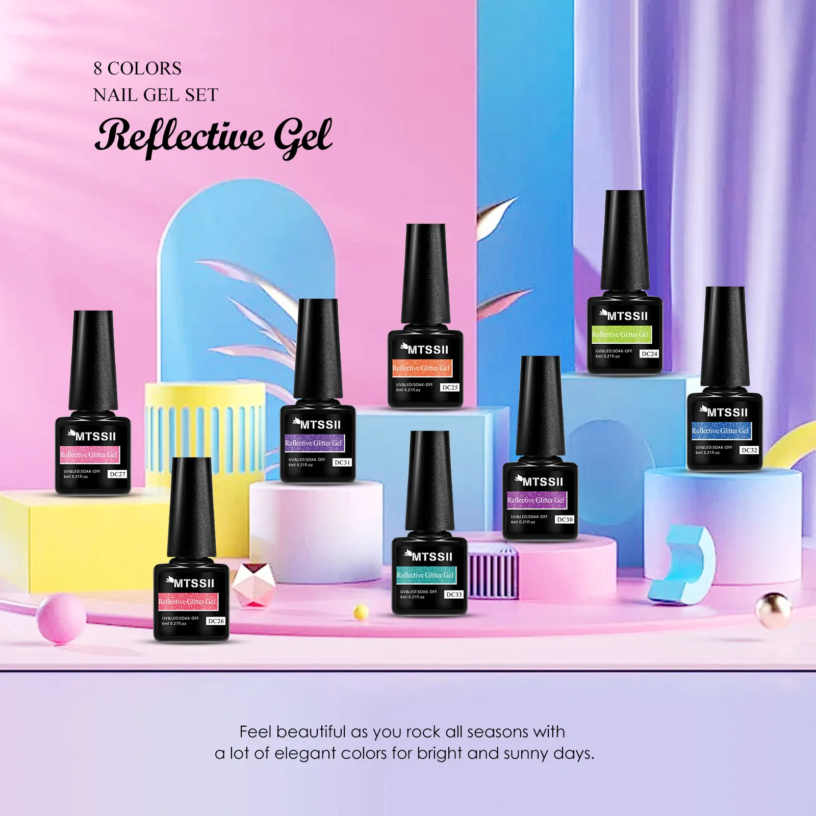 8 ชิ้น/เซ็ตสีดําสะท้อนแสงเล็บเจลชุดแชมเปญประกายเจลเคลือบเงากึ่งถาวร UV GEL Soak Off ชุดเคลือบเงา