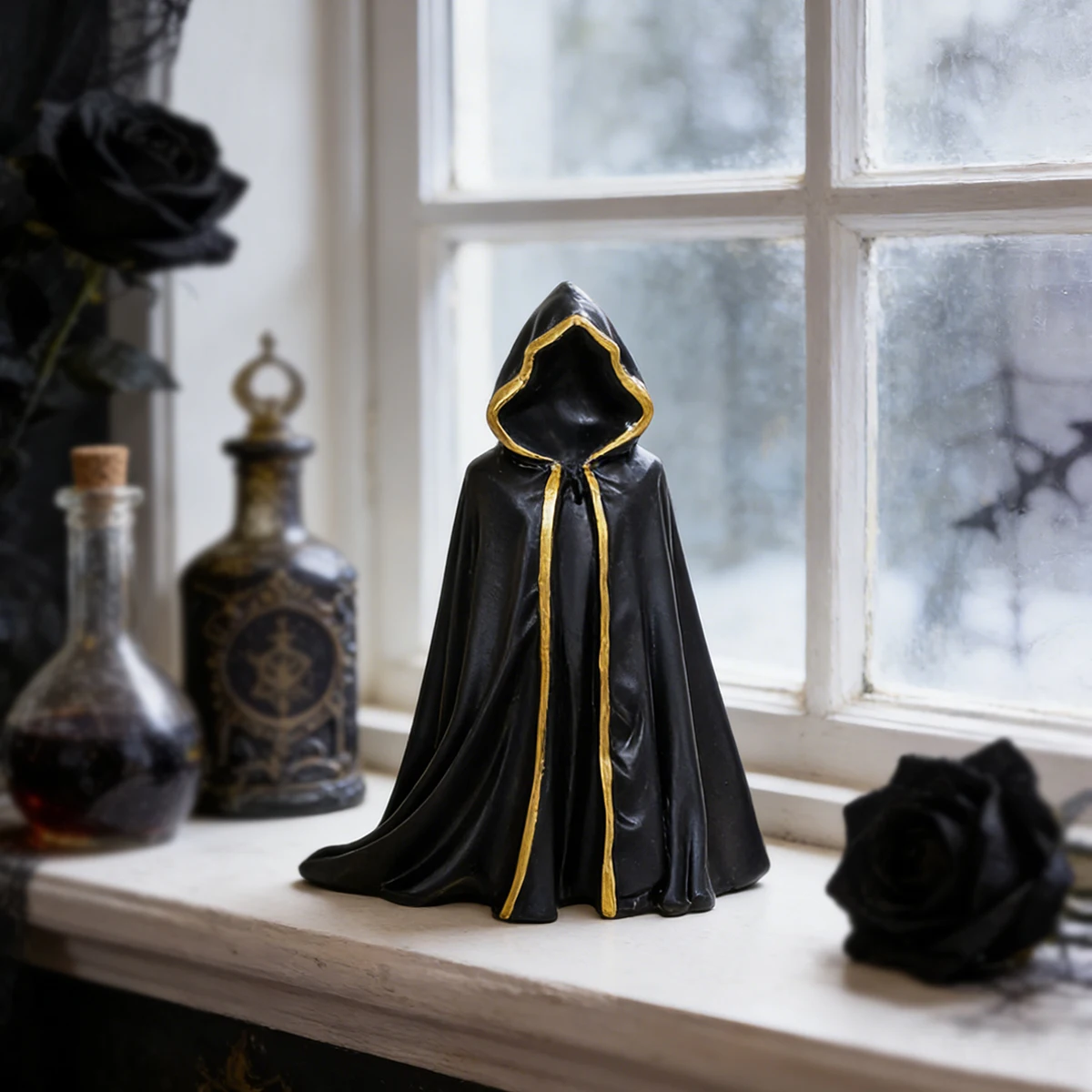 Black Grim Reaper Cloak Figurine, Halloween Garden Decor, Resin Reaper Statue, Bonsai & Home Tabletop Decoration, Gift