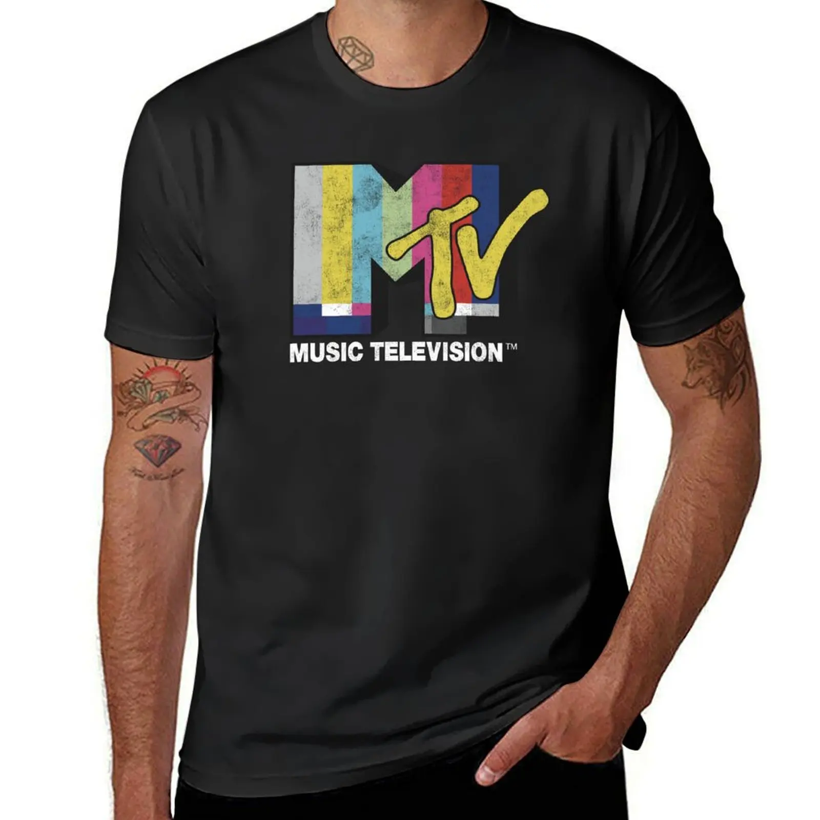 

MTV Retro Distressed Techno Television Glitch Logo T-Shirt oversizeds summer tops summer clothes Men's cotton t-shirt