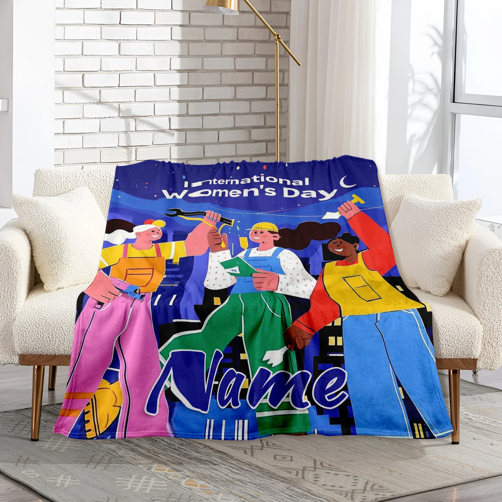 

Festive Women'S Day Soft Flannel Blanket Featuring Cute Cartoon Figures Tailorable With 1 Word For Women